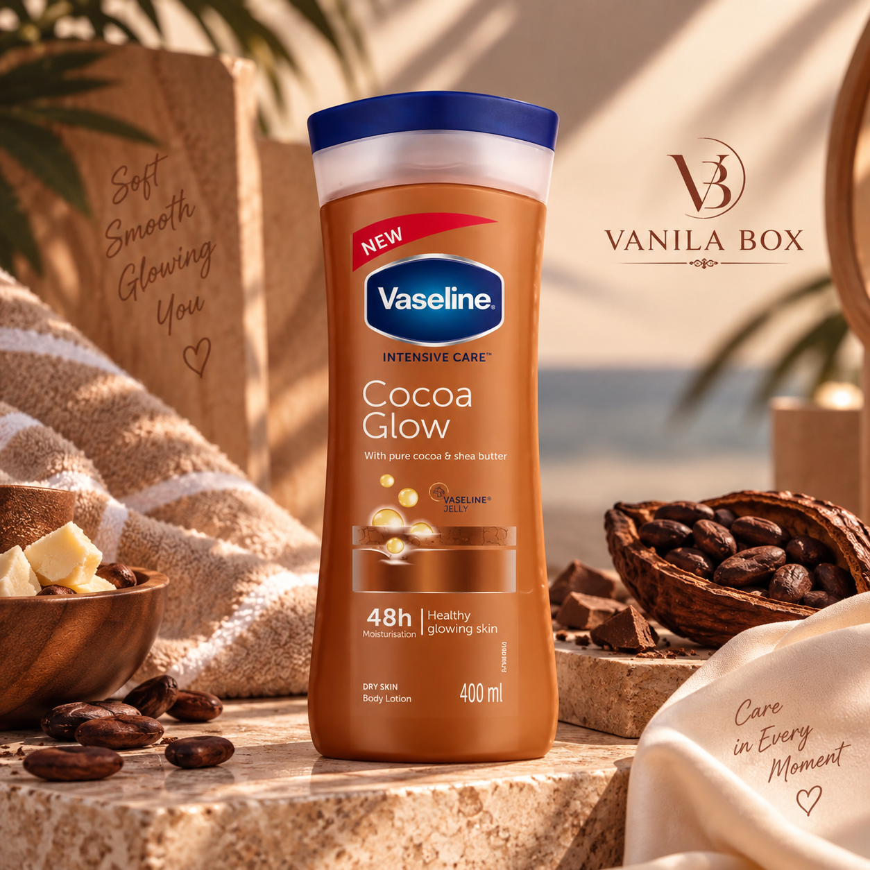 لوسیون بدن وازلین مدل Cocoa Glow حاوی کره کاکائو و شی باتر حجم 400 میل